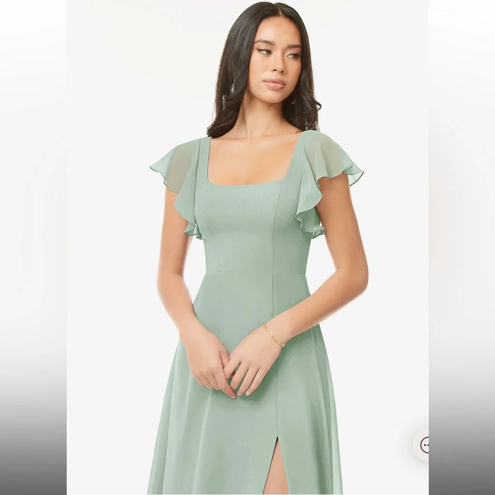 Light Green/Agave A-Line Ruffled Chiffon Floor Length Azazie Bondi Dress - Picture 3 of 8